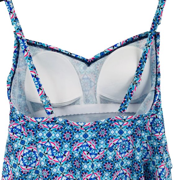 Christina Tankini Womens 10 Blue Pink White Adjustable Built In Shelf Bra Ruffle - Picture 3 of 9